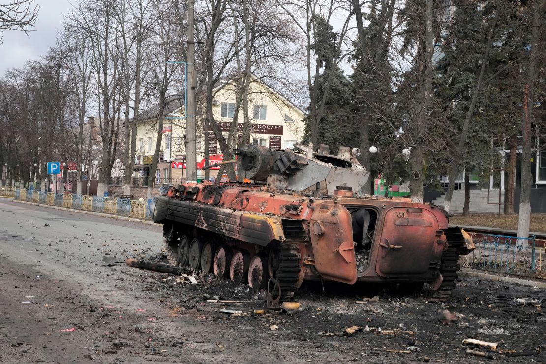 A destroyed armored personnel carrier is seen in Makariv on March 4.