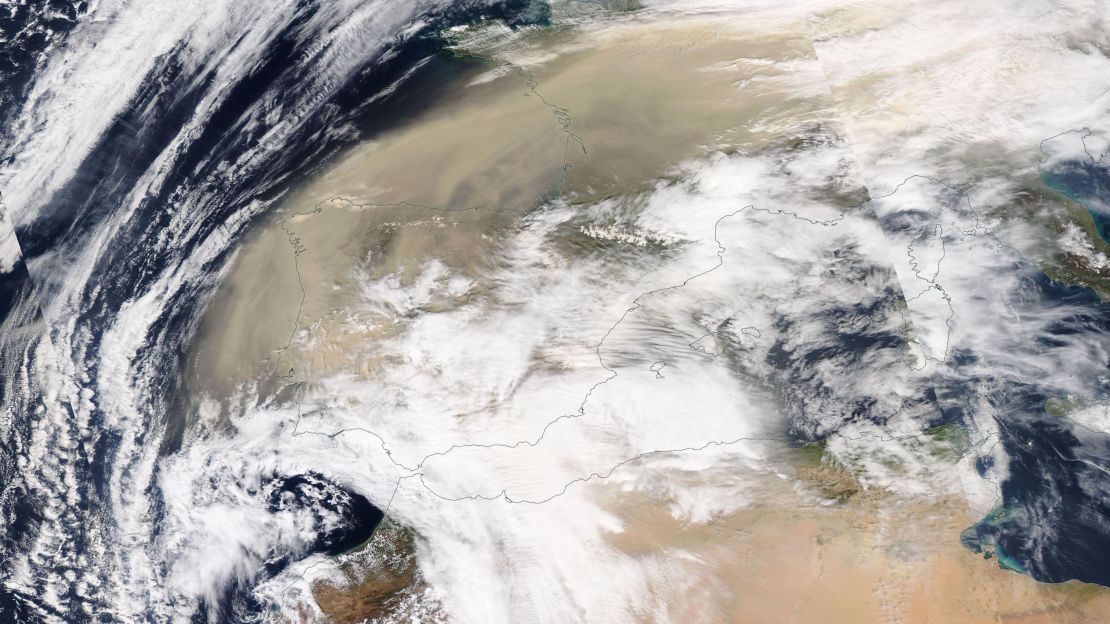 Satellite imagery from NASA shows the blanket of Saharan dust over Western and Central Europe.