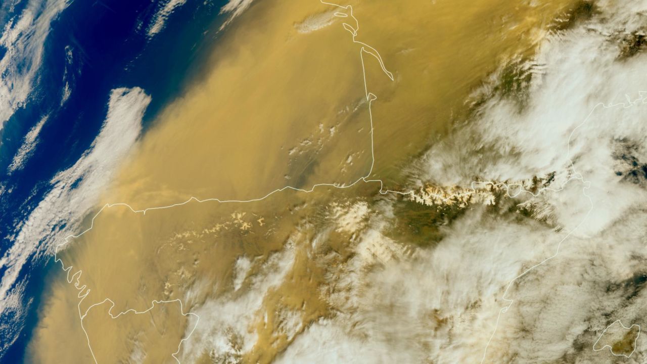 Satellite imagery shows the Saharan dust plume settling over Western Europe on Tuesday, taken by one of Copernicus Sentinel-3 satellites. 