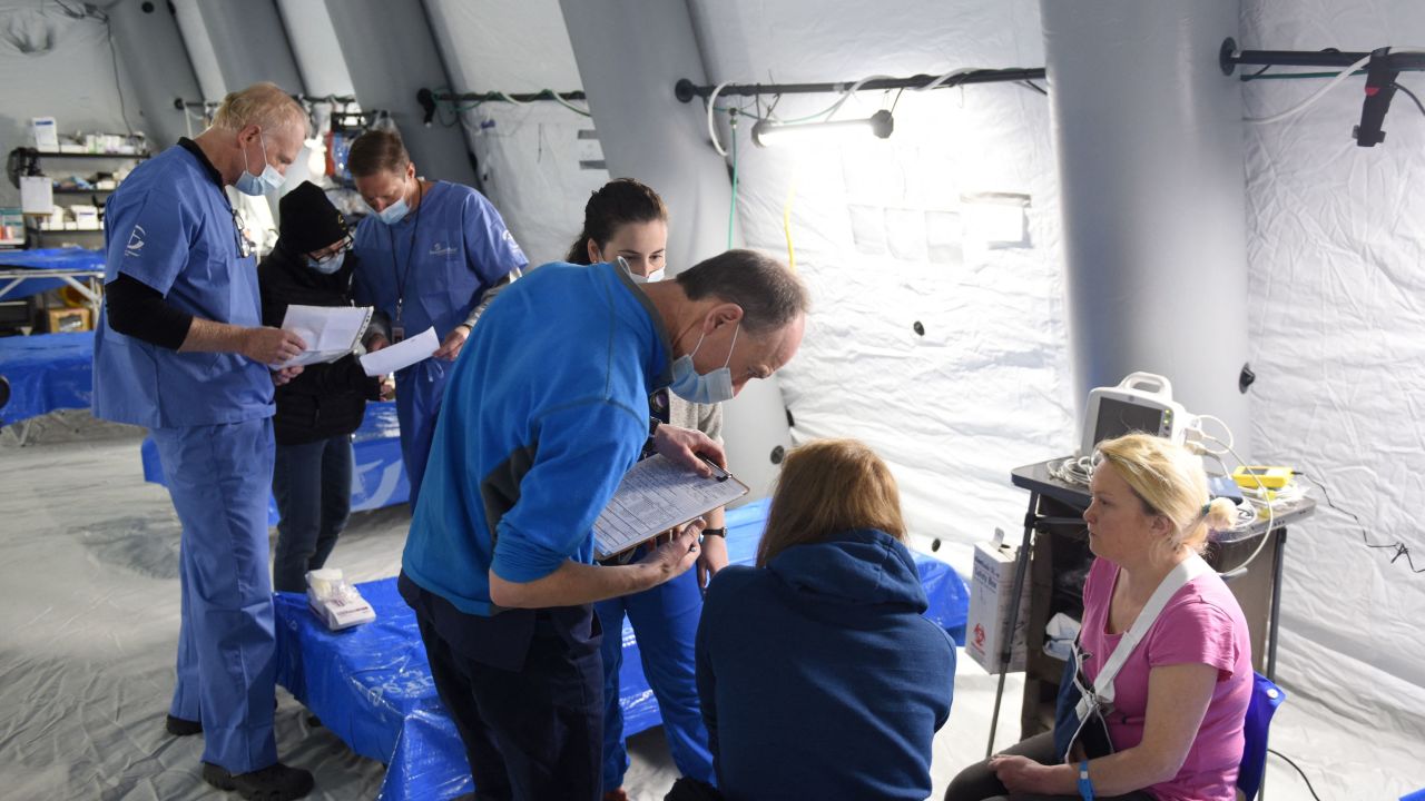 A field hospital set up by medical staff with US evangelical Christian disaster relief nonprofit Samaritan's Purse operates Monday in an underground parking lot of the King Cross Leopolis shopping mall in the settlement of Sokilnyky near the western Ukrainian city of Lviv.