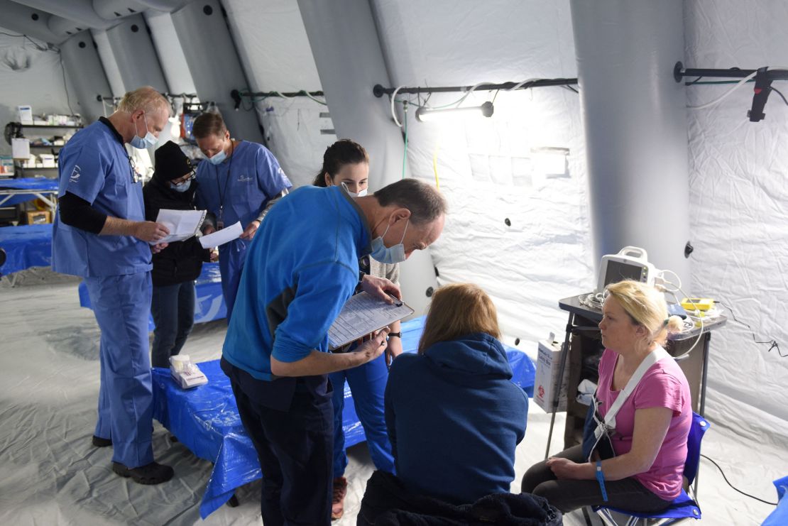 A field hospital set up by medical staff with US evangelical Christian disaster relief nonprofit Samaritan's Purse operates Monday in an underground parking lot of the King Cross Leopolis shopping mall in the settlement of Sokilnyky near the western Ukrainian city of Lviv.
