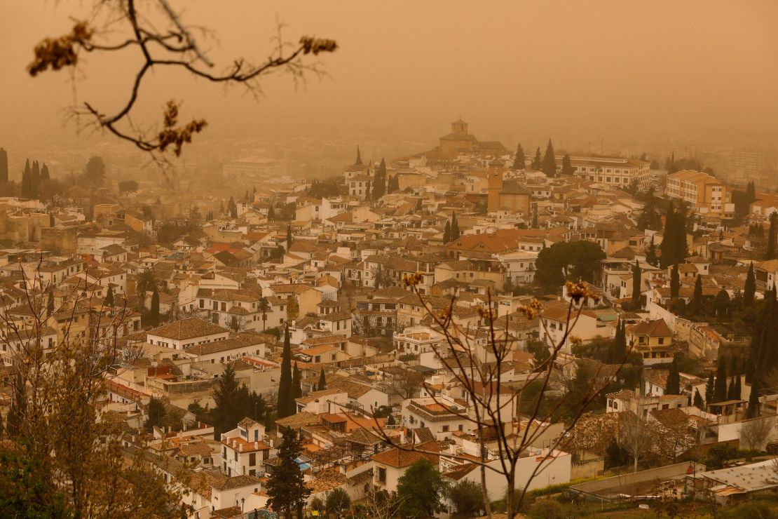 Hazy skies from the Saharan dust plume in Granada, Spain, on Tuesday.
