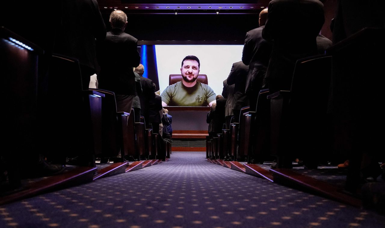 Ukrainian President Volodymyr Zelensky receives a standing ovation as he virtually addresses the US Congress on March 16. <a href=