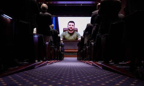 Ukrainian President Volodymyr Zelensky receives a standing ovation as he virtually addresses the US Congress on March 16. The historic speech occurred as the United States is under pressure to provide more military assistance to the embattled country.