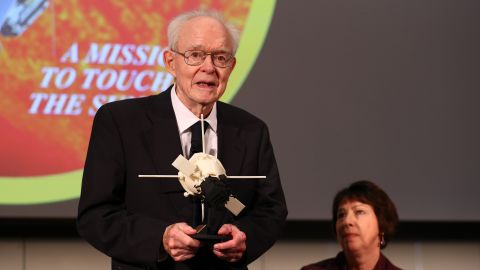 Astrophysicist Eugene Parker is pictured receiving the public service medal and a model of Parker Solar Probe during a meeting at the William Eckhardt Research Center in Chicago on May 31, 2017.