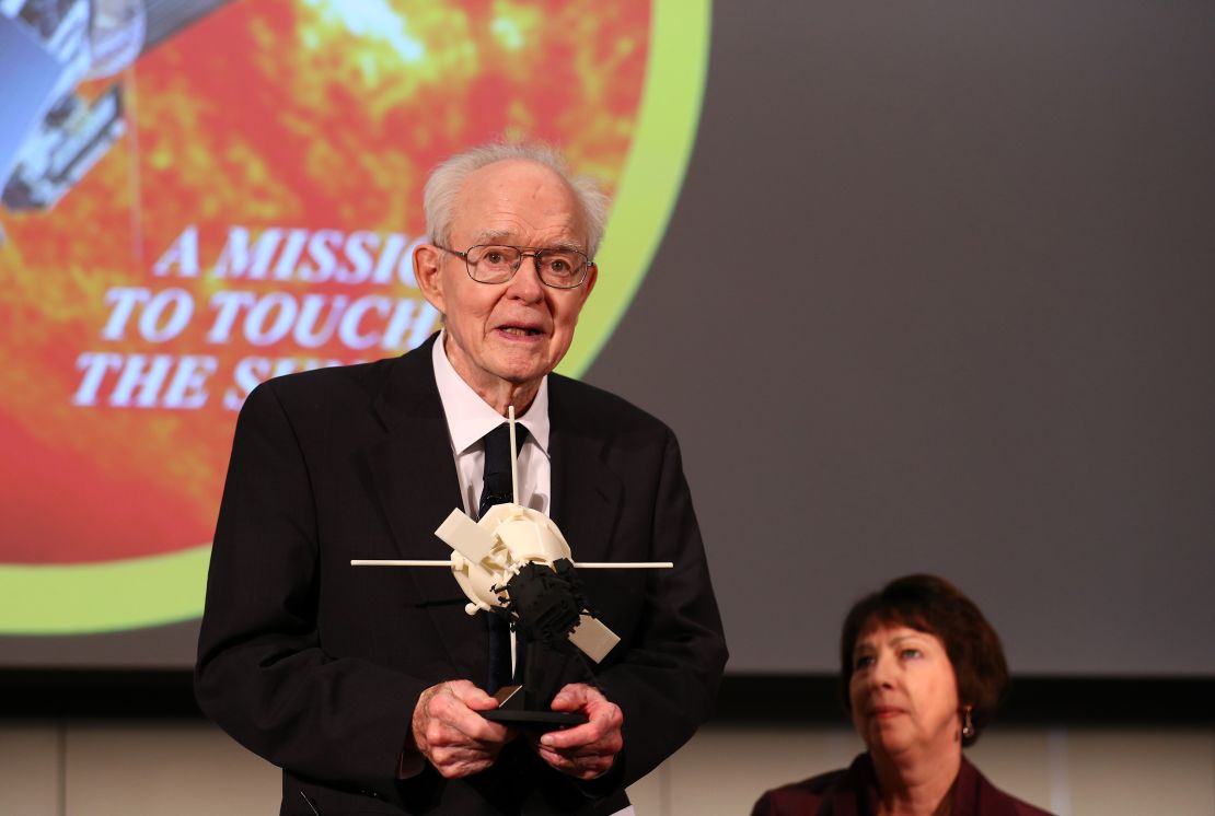 Astrophysicist Eugene Parker is pictured receiving the public service medal and a model of Parker Solar Probe during a meeting at the William Eckhardt Research Center in Chicago on May 31, 2017. 