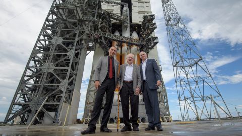 Parker (center) is seen with NASA Associate Administrator for the Science Mission Directorate Thomas Zurbuchen (left) and President and Chief Executive Officer for United Launch Alliance Tony Bruno in front of  the ULA Delta IV Heavy rocket with NASA's Parker Solar onboard on August 10, 2018.