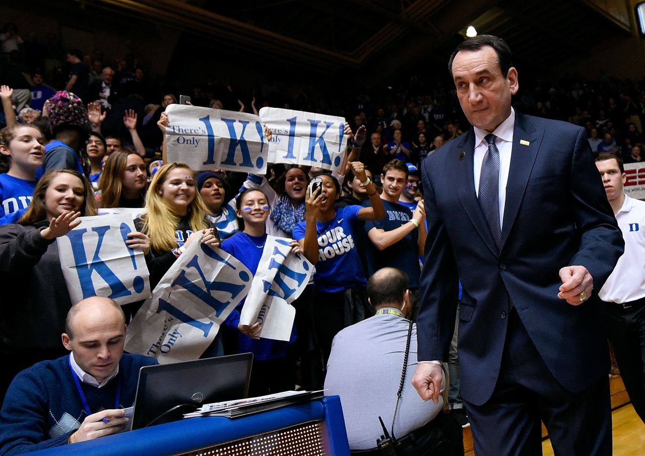 Duke fans cheer as Krzyzewski takes the floor before a home game in 2015.