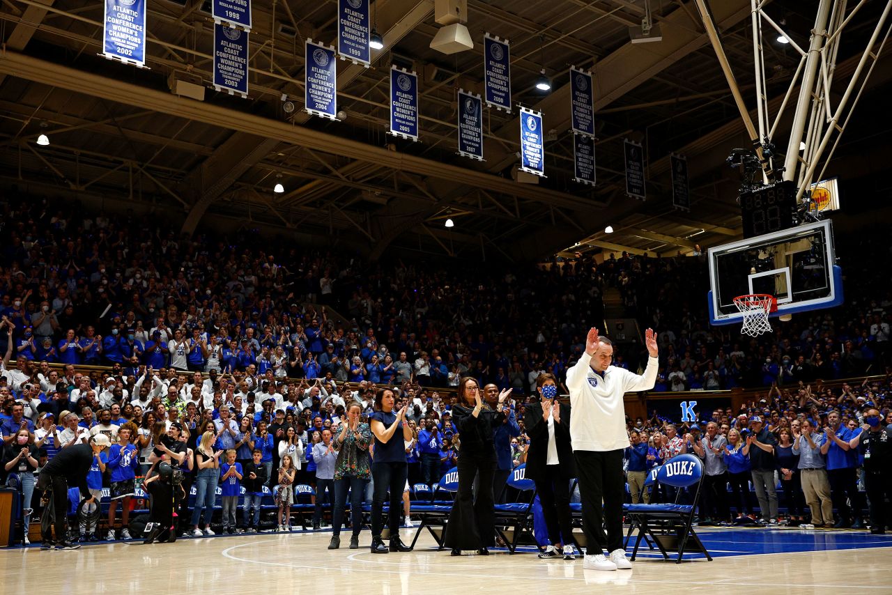 Krzyzewski acknowledges the crowd after his final home game at Cameron Indoor Stadium. There were 96 former Duke players in attendance to watch the game, including Christian Laettner, Grant Hill, Elton Brand and JJ Redick. During the postgame ceremony, Krzyzewski apologized for the loss and thanked the crowd for their support over the years. "Our family has grown up here — 10 grandchildren, our three beautiful daughters — and we have absolutely loved being a part of the Duke family," Krzyzewski said. "It's hard for me to believe this is over."