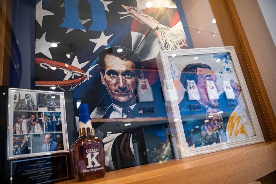 Memorabilia is displayed at the Duke Basketball Hall of Fame on the day of Krzyzewski's final home game in March 2022.