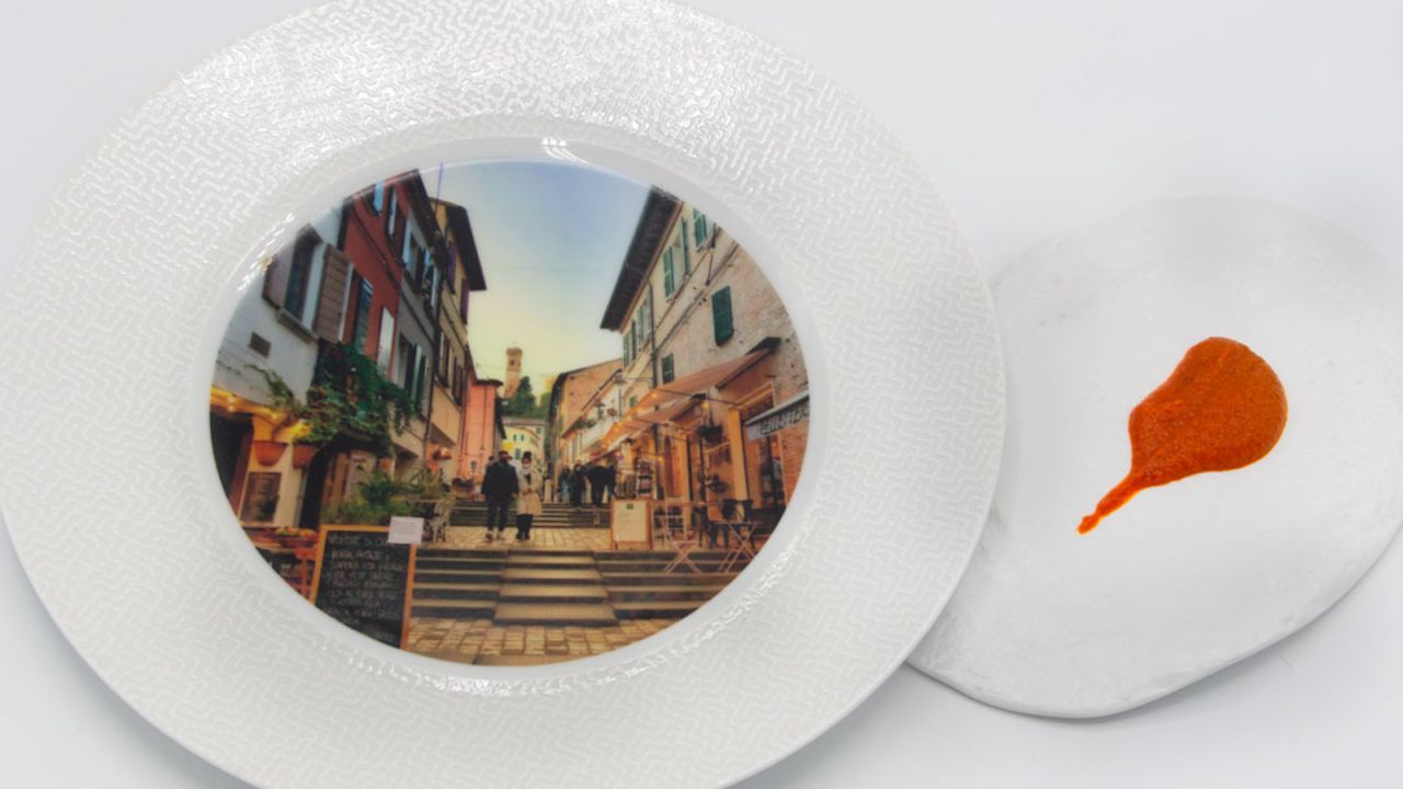 <strong>Picture perfect: </strong>La Mia Santarcangelo, or My Santarcangelo, involves diners staring at a plate decorated with a photo of Braschi's home town, while sampling a liquid version of the local piadina flatbread made with sausages.