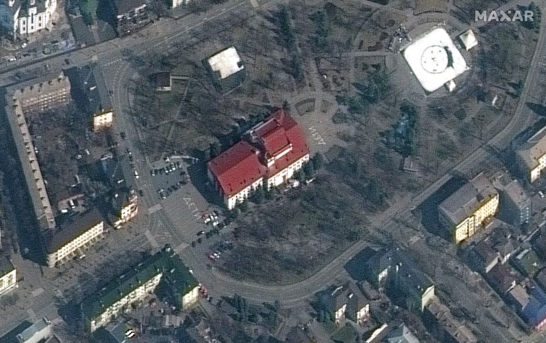 New satellite images from Maxar Technologies show that on Monday, the word "children" was spelled out in Russian in two areas outside the theater that was bombed on Wednesday.