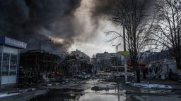 Smoke rises from a fire broke out at the Saltivka construction market, hit by 6 rounds of Russian heavy artillery in Kharkiv, Ukraine on March 16, 2022. 