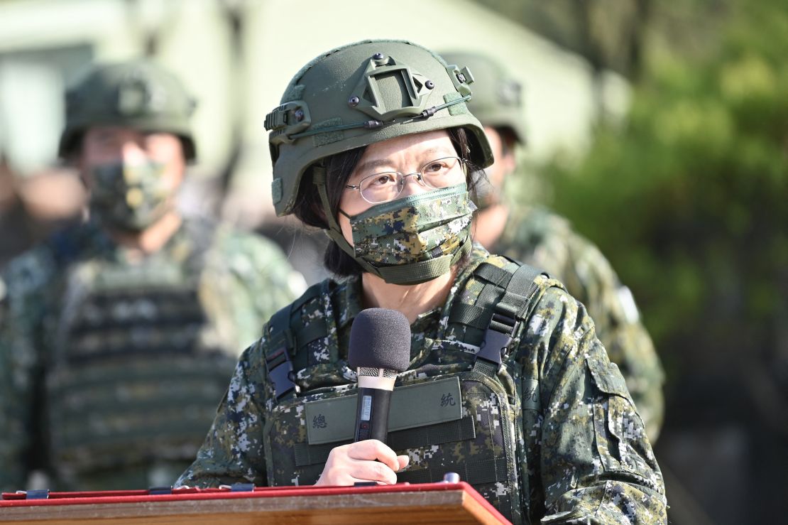 Taiwan President Tsai Ing-wen speaks while inspecting reservists training at a military base in Taoyuan on March 12, 2022. 