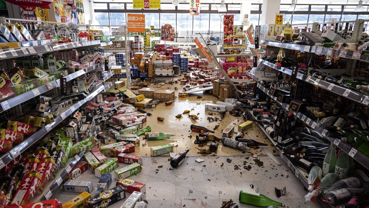 A supermarket littered with merchandise in Shiroishi, Miyagi prefecture, Japan, on March 17.