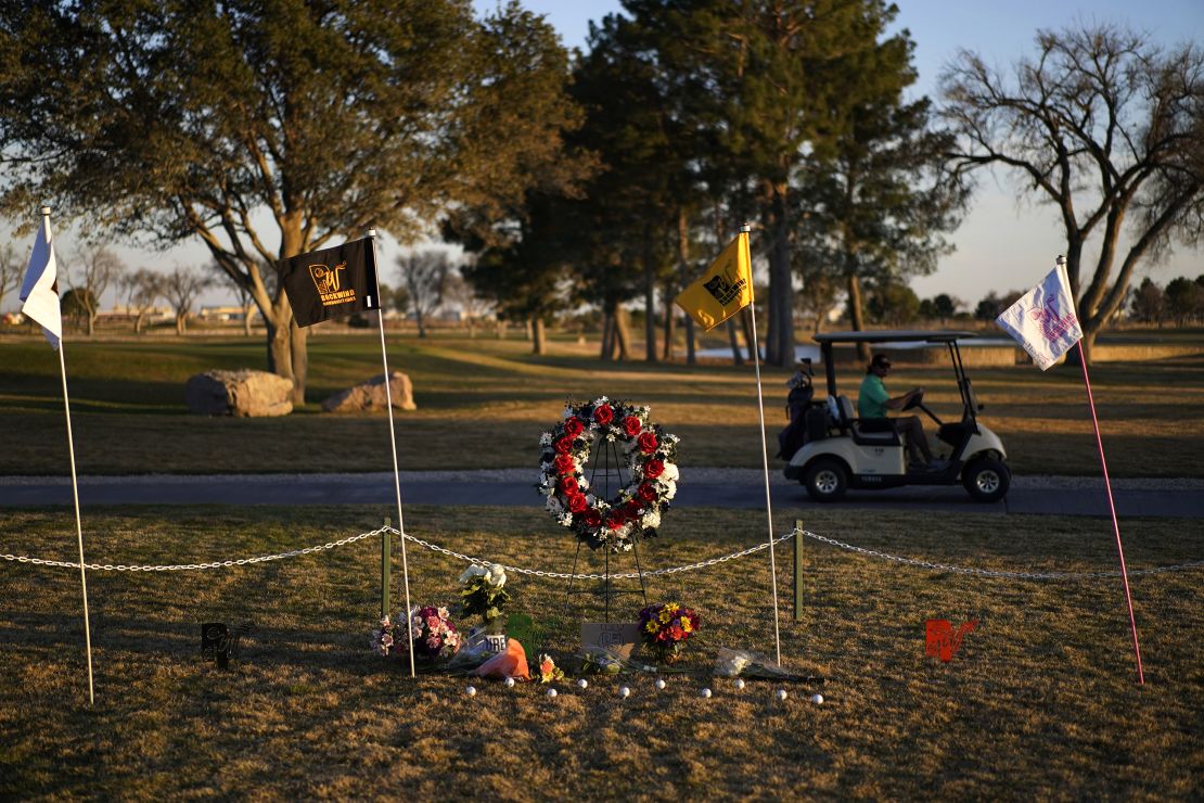 A makeshift memorial was set up at the Rockwind Community Links in Hobbs, New Mexico, Wednesday. 