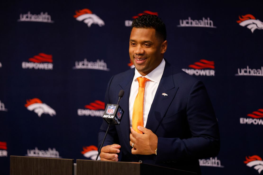 Wilson addresses the press after signing with the Broncos in March.