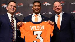 ENGLEWOOD, CO - MARCH 16: Quarterback Russell Wilson is introduced by head coach Nathaniel Hackett and GM George Paton at Denver Broncos Headquarters in Englewood, Colorado on Wednesday, March 16, 2022. (Photo by Hyoung Chang/MediaNews Group/The Denver Post via Getty Images)