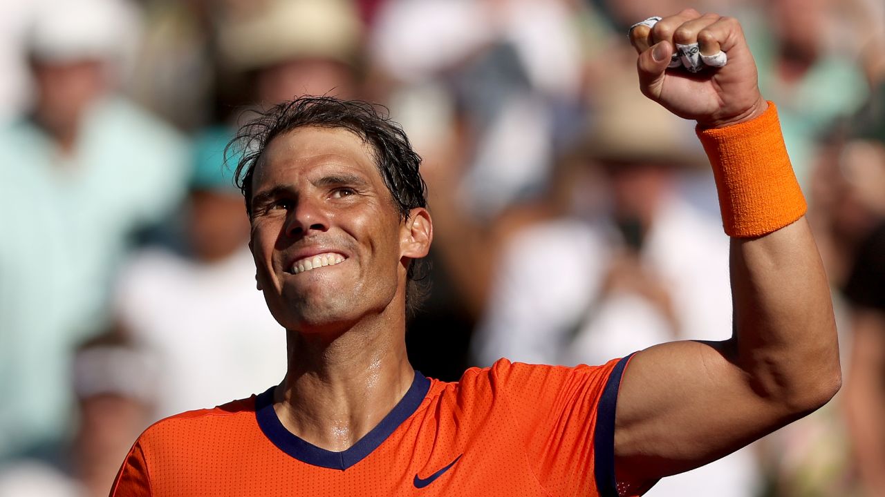 Rafael Nadal celebrates his win over Reilly Opelka at the Indian Wells.