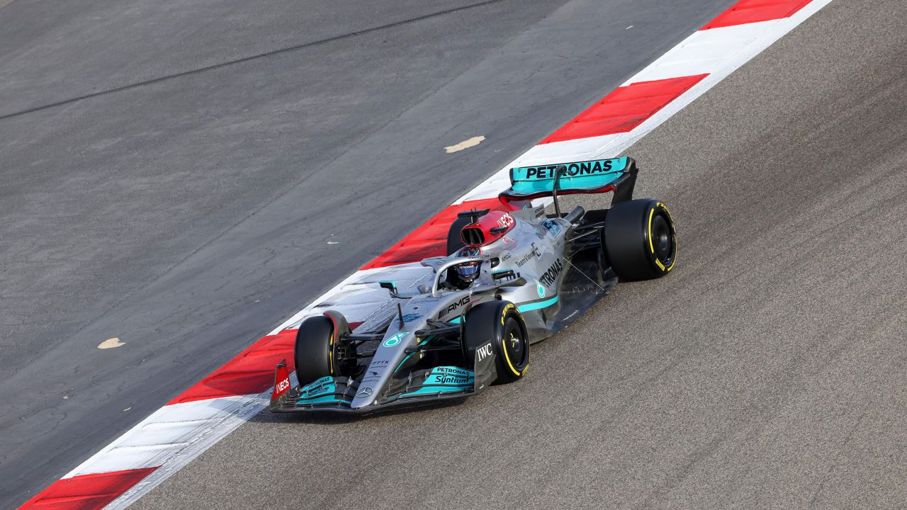 George Russell drives during the third day of F1 testing in Bahrain.