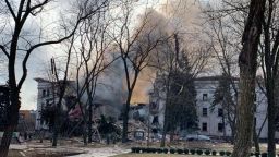 Aftermath image of a theatre in the encircled Ukrainian port city of Mariupol where hundreds of civilians were sheltering on Wednesday March 16, 2022 after Russian forces dropped a powerful bomb on it, Ukraine\'s foreign ministry said. Russia denied that attack.