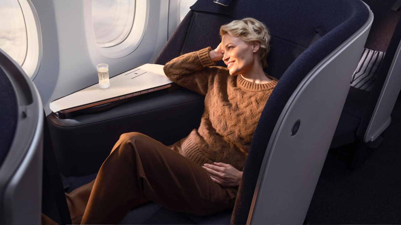 <strong>Next generation cabin: </strong>Another concept that's endorsed by a major airline is Collins Aerospace's non-reclining business class seat Airlounge. Originally conceived by design agency PriestmanGoode the seat is being produced with Finnish airline Finnair and design company Tangerine.