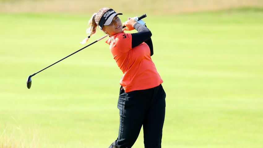 CARNOUSTIE, SCOTLAND - AUGUST 22: Steph Kyriacou of Australia plays her second shot on the 14th hole during the final round of the AIG Women's Open at Carnoustie Golf Links on August 22, 2021 in Carnoustie, Scotland. (Photo by Andrew Redington/Getty Images)
