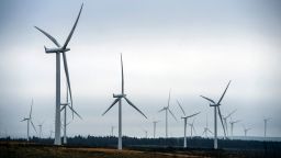 Wind turbines operated by ScottishPower Renewables, are pictured at Whitelee Onshore Windfarm on Eaglesham Moor, southwest of Glasgow, on January 17, 2022. - Whitelee, operated by Scottish Power, is the UK's largest onshore wind farm - its 215 turbines are said to be able to generate up to 539 megawatts of electricity. (Photo by Andy Buchanan / AFP) (Photo by ANDY BUCHANAN/AFP via Getty Images)