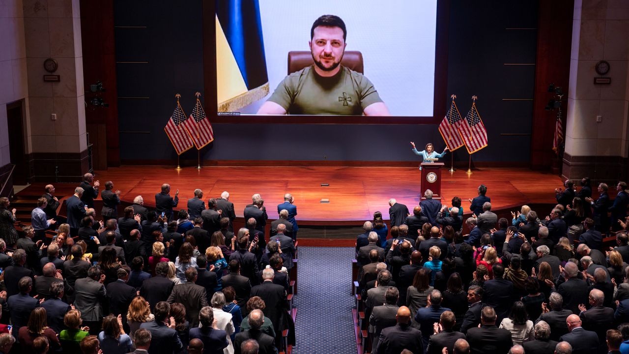 Ukrainian President Volodymyr Zelensky speaks to US members of Congress by video on March 16, 2022. 