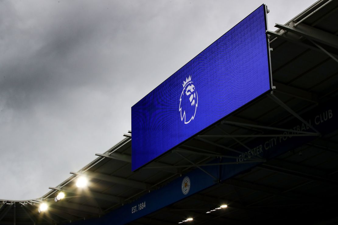 The Premier League logo is displayed on an LED screen prior to the Premier League match between Leicester City and Sheffield United at The King Power Stadium on March 14, 2021 in Leicester.