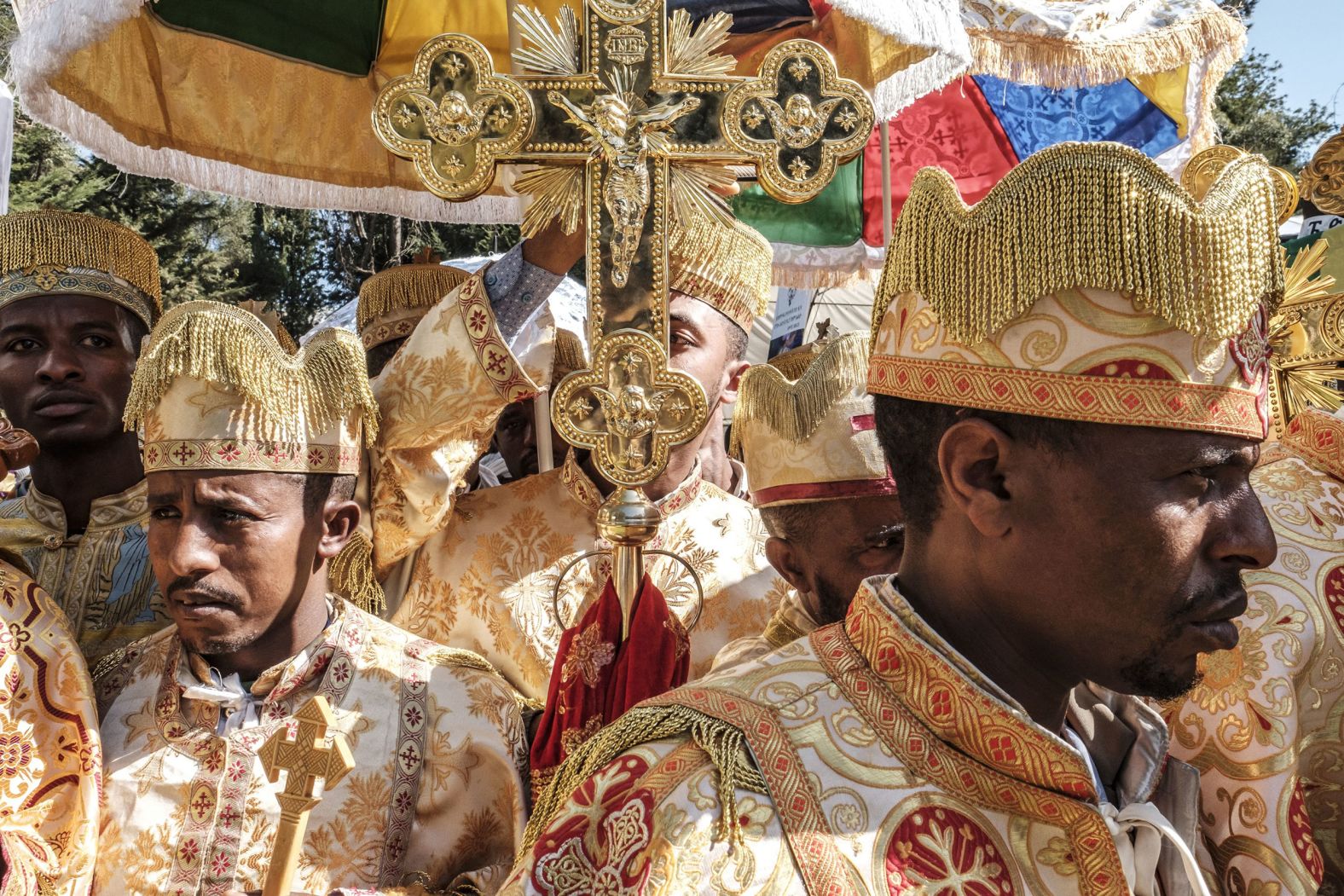 Ethiopian Orthodox deacons take part in the burial ceremony of Abune Merkorios, fourth patriarch of the Ethiopian Orthodox Tewahedo Church, at the Trinity Cathedral in Addis Ababa, Ethiopia, on Sunday, March 13.