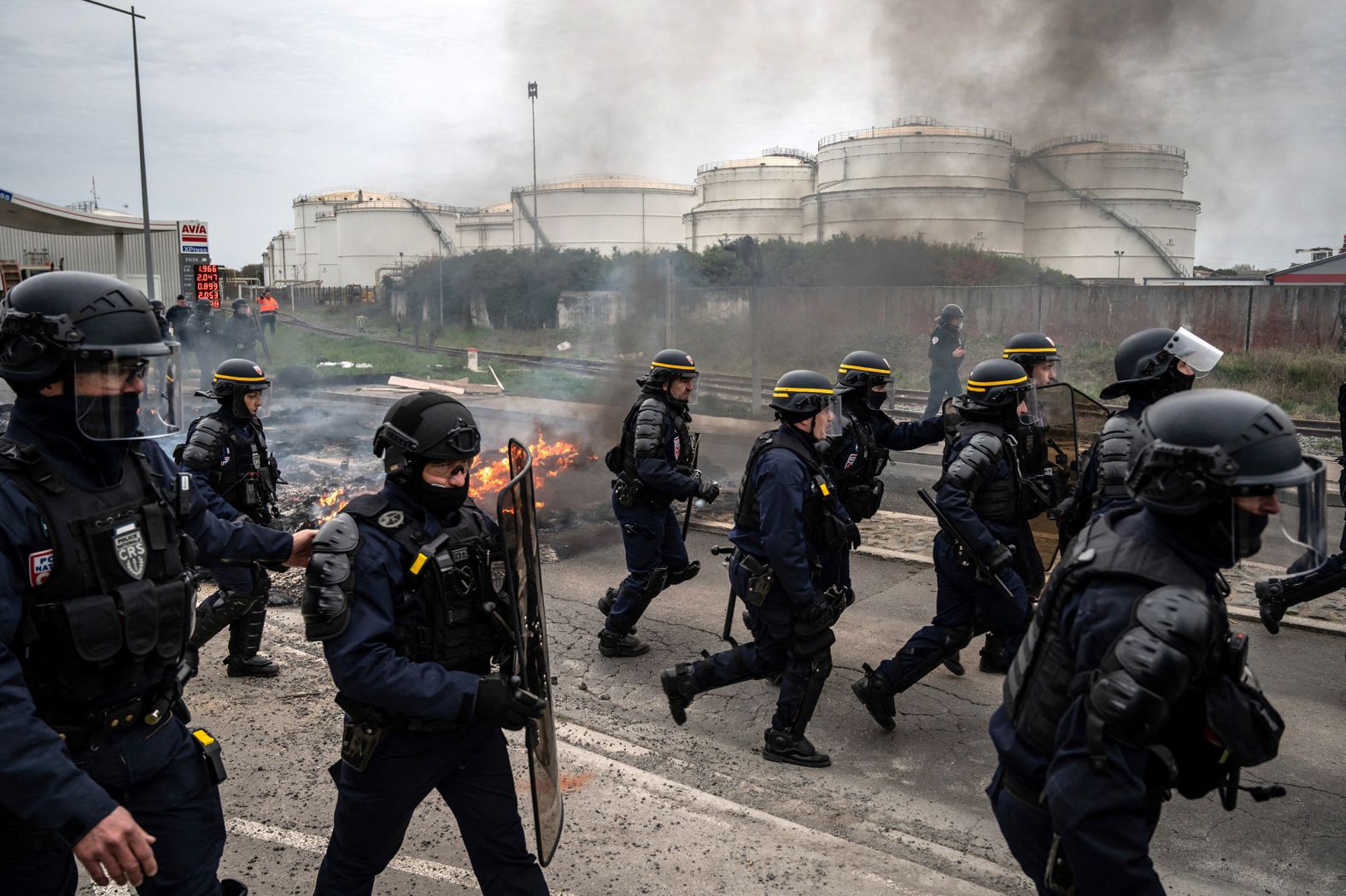 French police intervene as fishermen, protesting the soaring price of fuel, block an oil depot in La Rochelle, France, on Thursday, March 17.