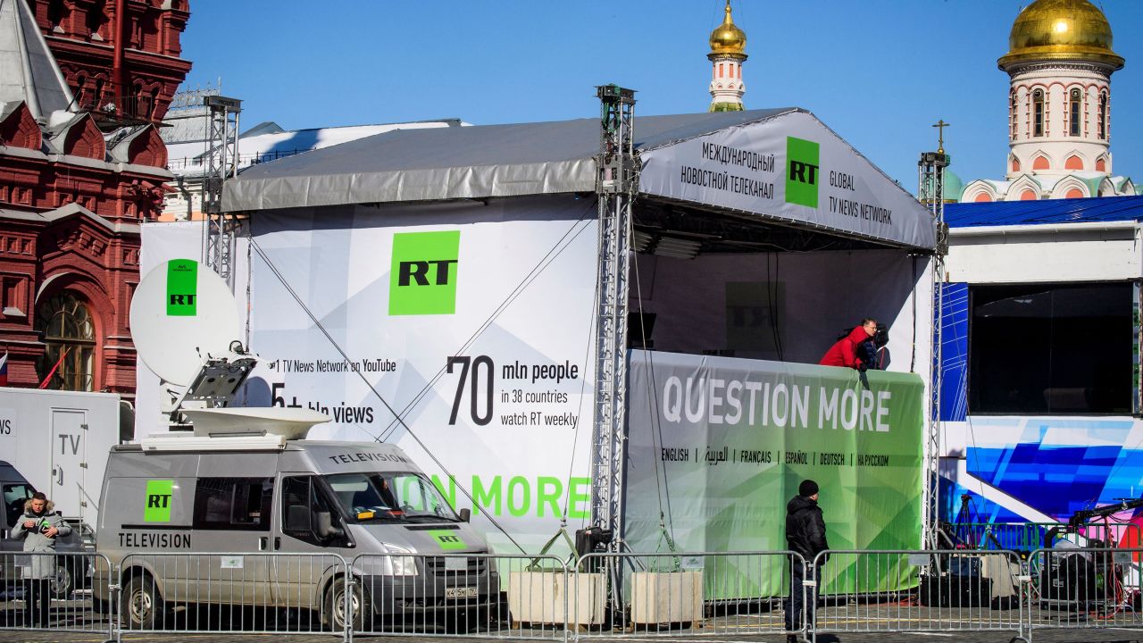 An RT broadcast tent is seen on Red Square in Moscow on March 18, 2018.