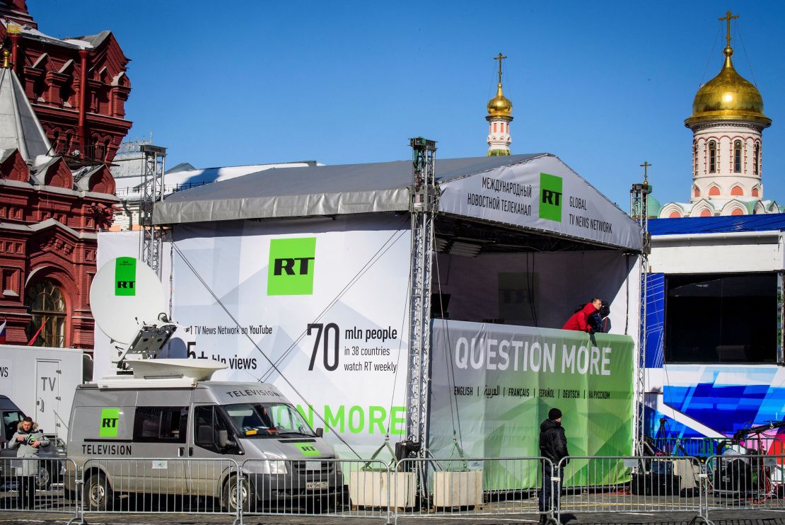 An RT broadcast tent is seen on Red Square in Moscow on March 18, 2018.