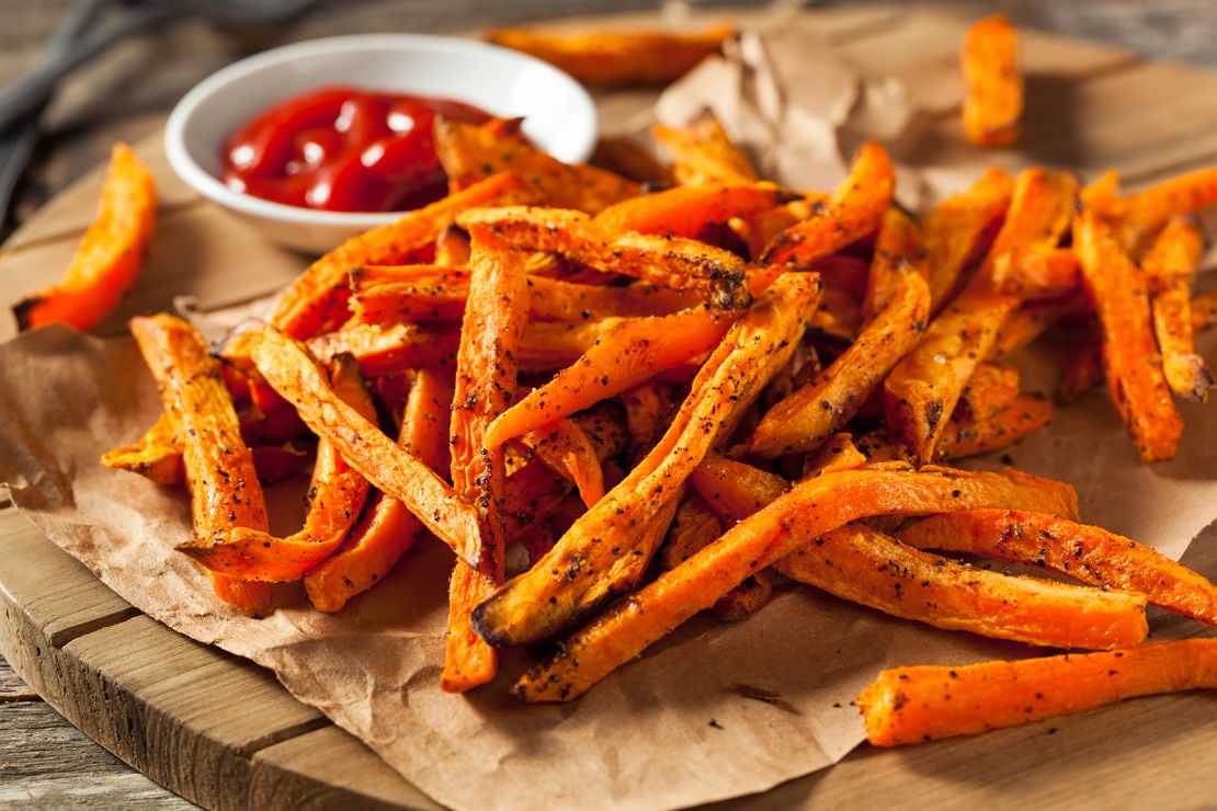 Baked sweet potato fries are great for ketchup dipping, but don't forget chipotle ranch dip or garlic aioli.