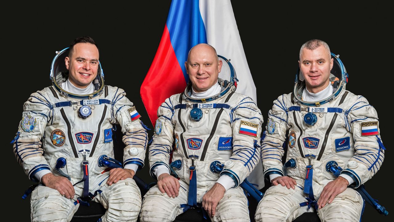 Soyuz MS-21 crew members (from left) Sergey Korsakov, Oleg Artemyev, and Denis Matveev pose for a portrait at the Gagarin Cosmonaut Training Center in Russia. 