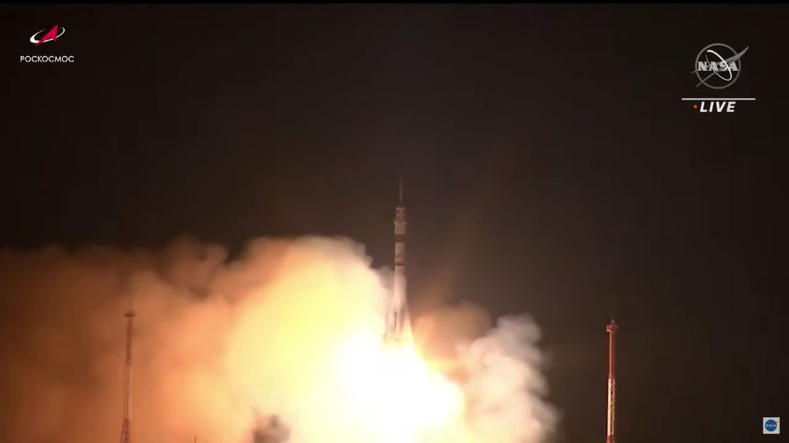 Cosmonauts lift off aboard a Soyuz MS-21 spacecraft from the Baikonur Cosmodrome launchpad in Kazakhstan.