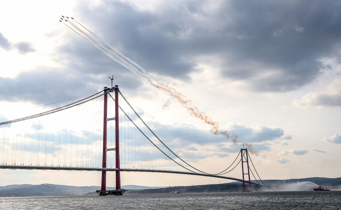 The aerobatic team of the Turkish Air Force perform at the inauguration of 1915 Canakkale Bridge. 