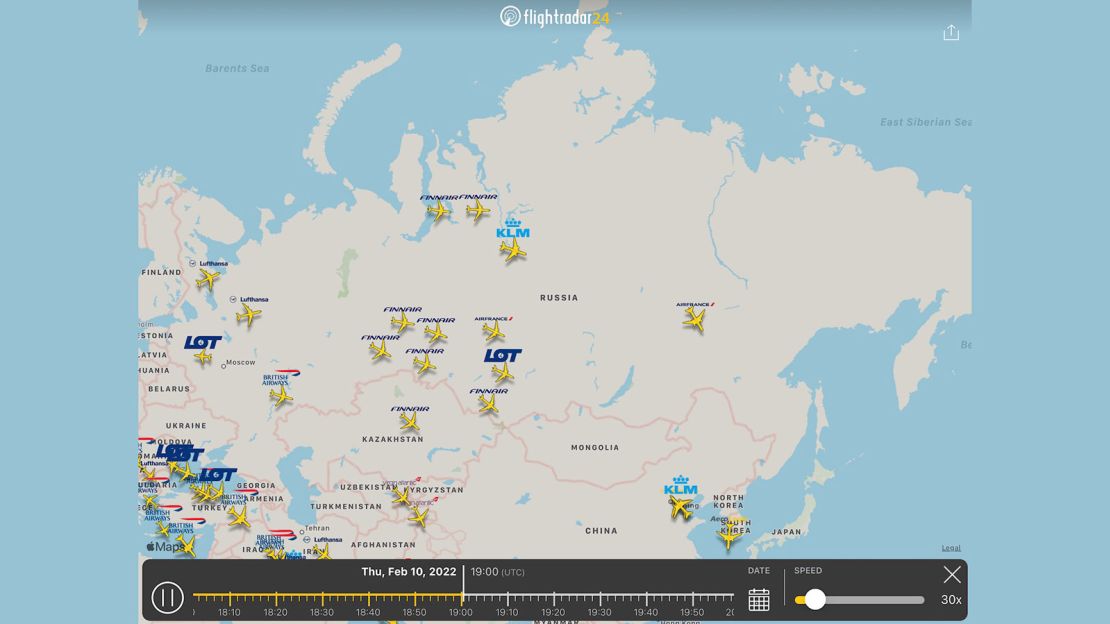 Prior to Russia's invasion of Ukraine, many airlines traversed Russian airspace.
