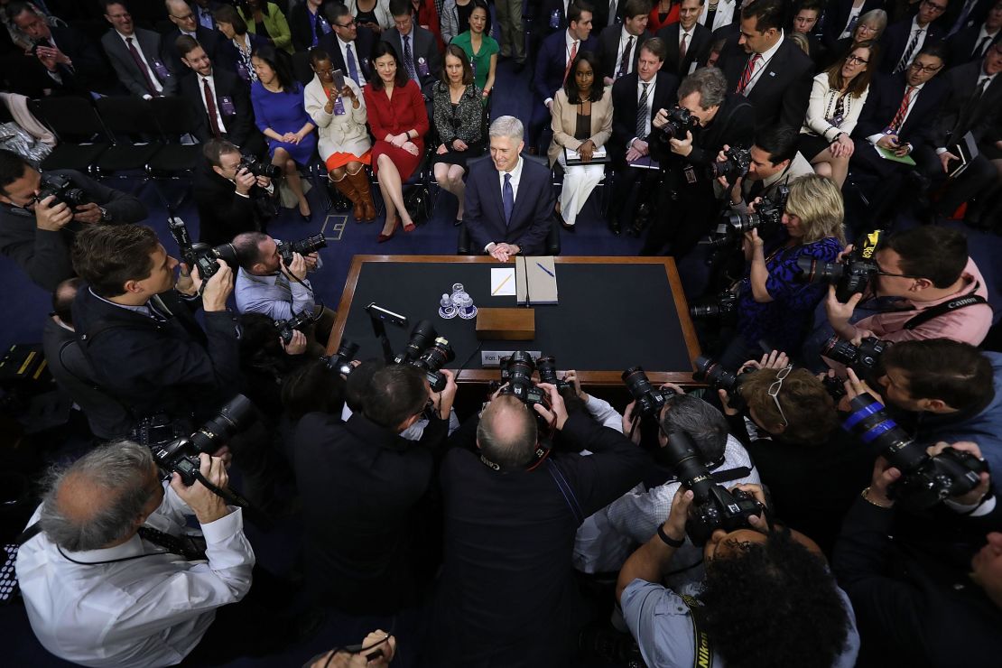 Then-nominee Neil Gorsuch arrives for the first day of his Supreme Court confirmation hearing in March 2017.