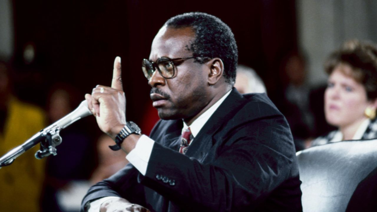 Clarence Thomas, then nominee for Supreme Court associate justice, responds to questions from members of the Senate Judiciary Committee during his confirmation hearing in October 1991.