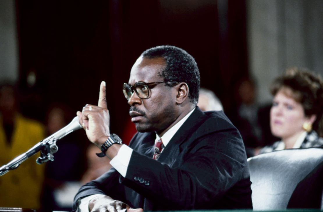 Clarence Thomas, then nominee for Supreme Court associate justice, responds to questions from members of the Senate Judiciary Committee during his confirmation hearing in October 1991. 