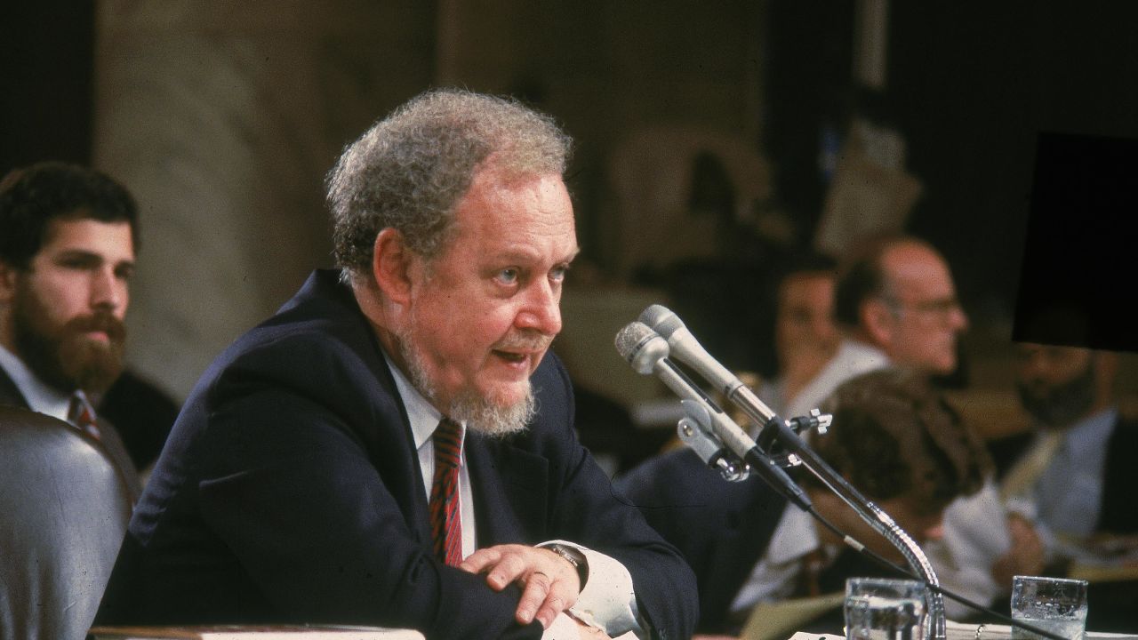 Reagan nominee for the Supreme Court, Judge Robert Bork, testifies on the fourth day of his confirmation hearing in September 1987.