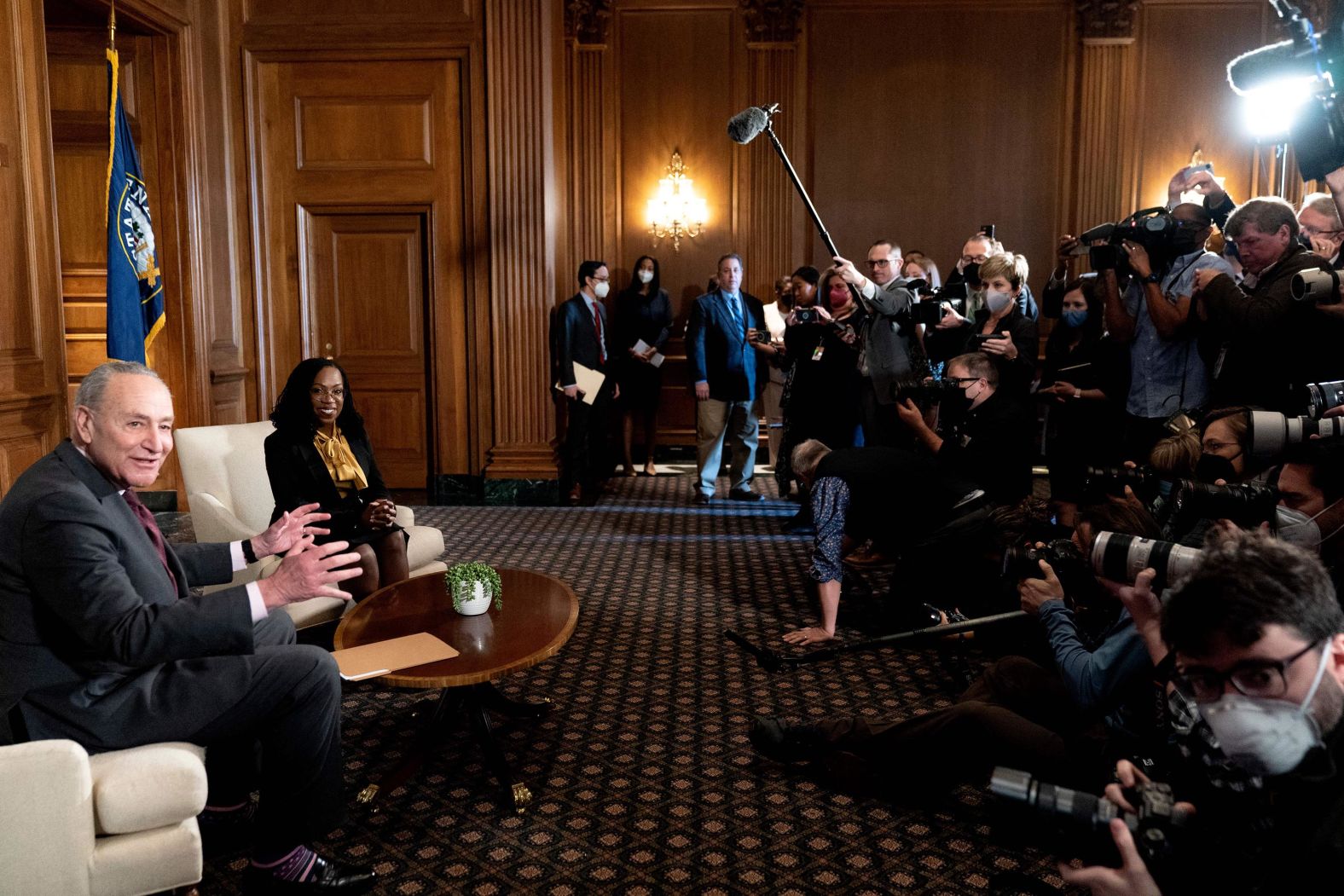 Jackson meets with Senate Majority Leader Chuck Schumer as she begins her confirmation process on Capitol Hill in March 2022.