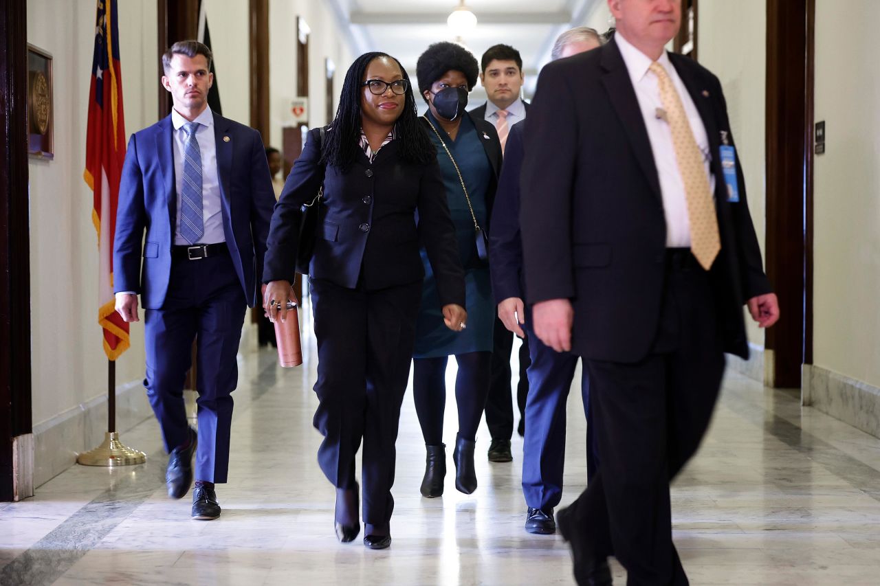 Jackson arrives for a meeting on Capitol Hill as she continued to meet with senators ahead of her confirmation hearings.