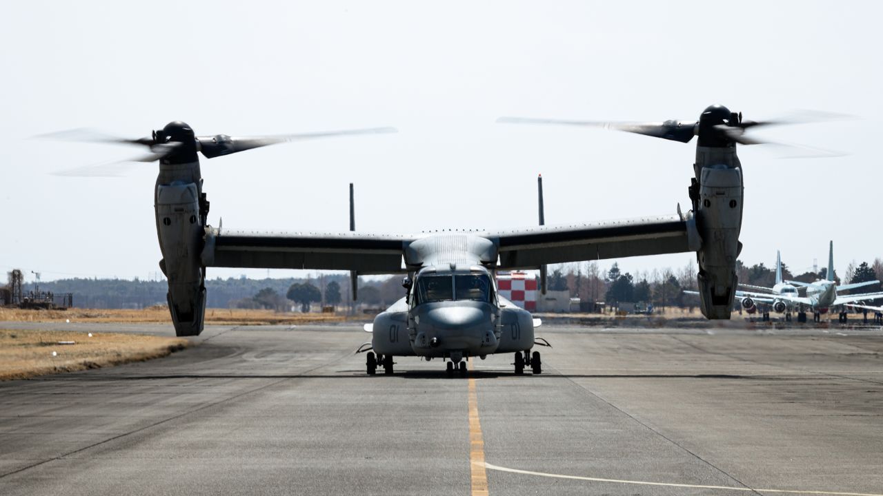A US Marine Corps MV-22B Osprey in Japan, on March 17, 2022.
