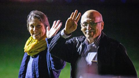 Nazanin Zaghari-Ratcliffe, left, and Anoosheh Ashoori, rescued from Iran, wave after landing at RAF Brize Norton in England March 17, 2022.