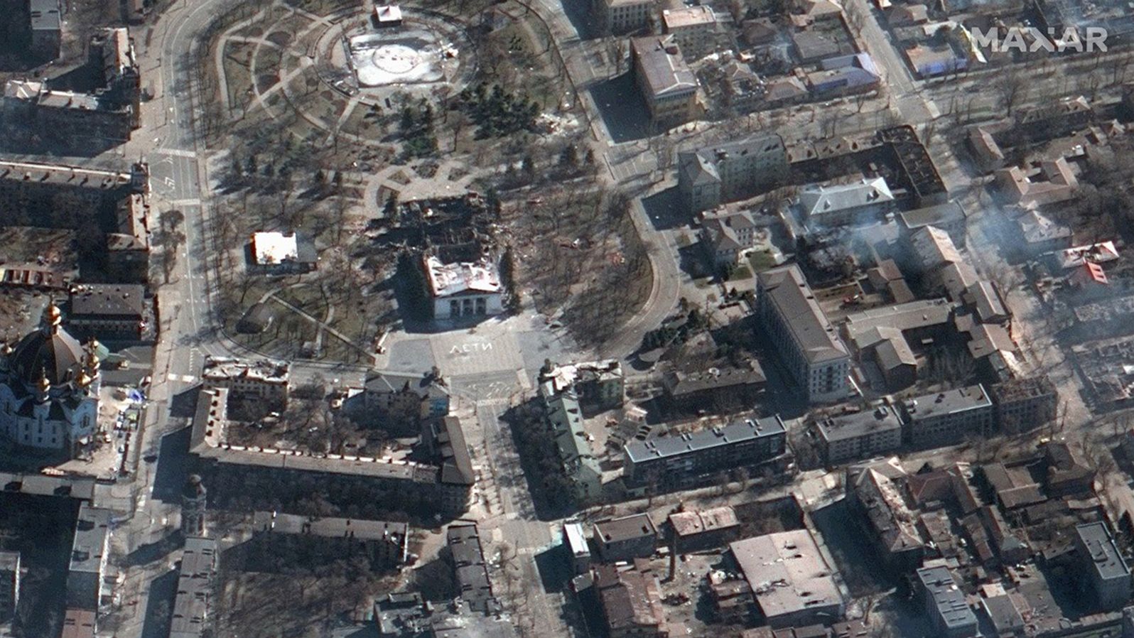A Maxar satellite image shows the bombed out Mariupol theater.