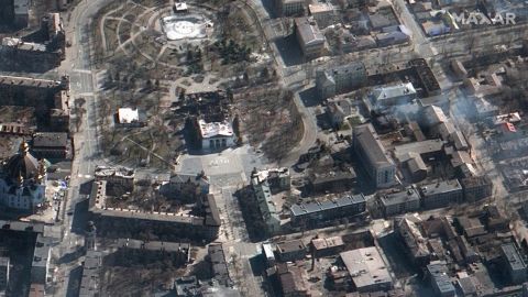 This satellite image shows a damaged theater in Mariupol, Ukraine, which was bombed March 16, 2022. 