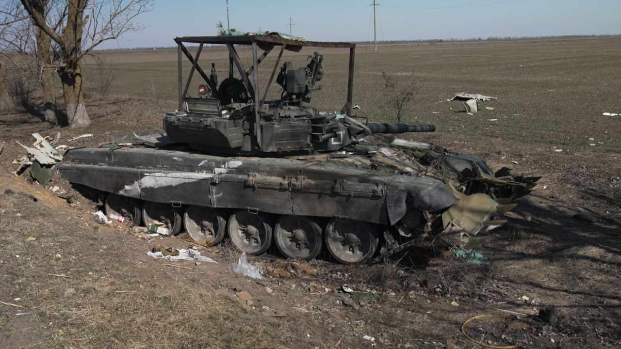 Damaged armor sits outside Posad-Pekrovske.